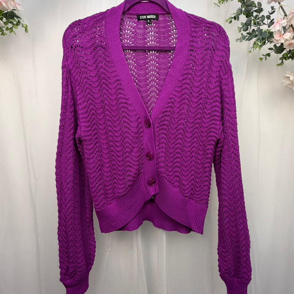 Steve Madden Purple Pointelle Knit Cardigan V-Neck Sweater BO106549 Small